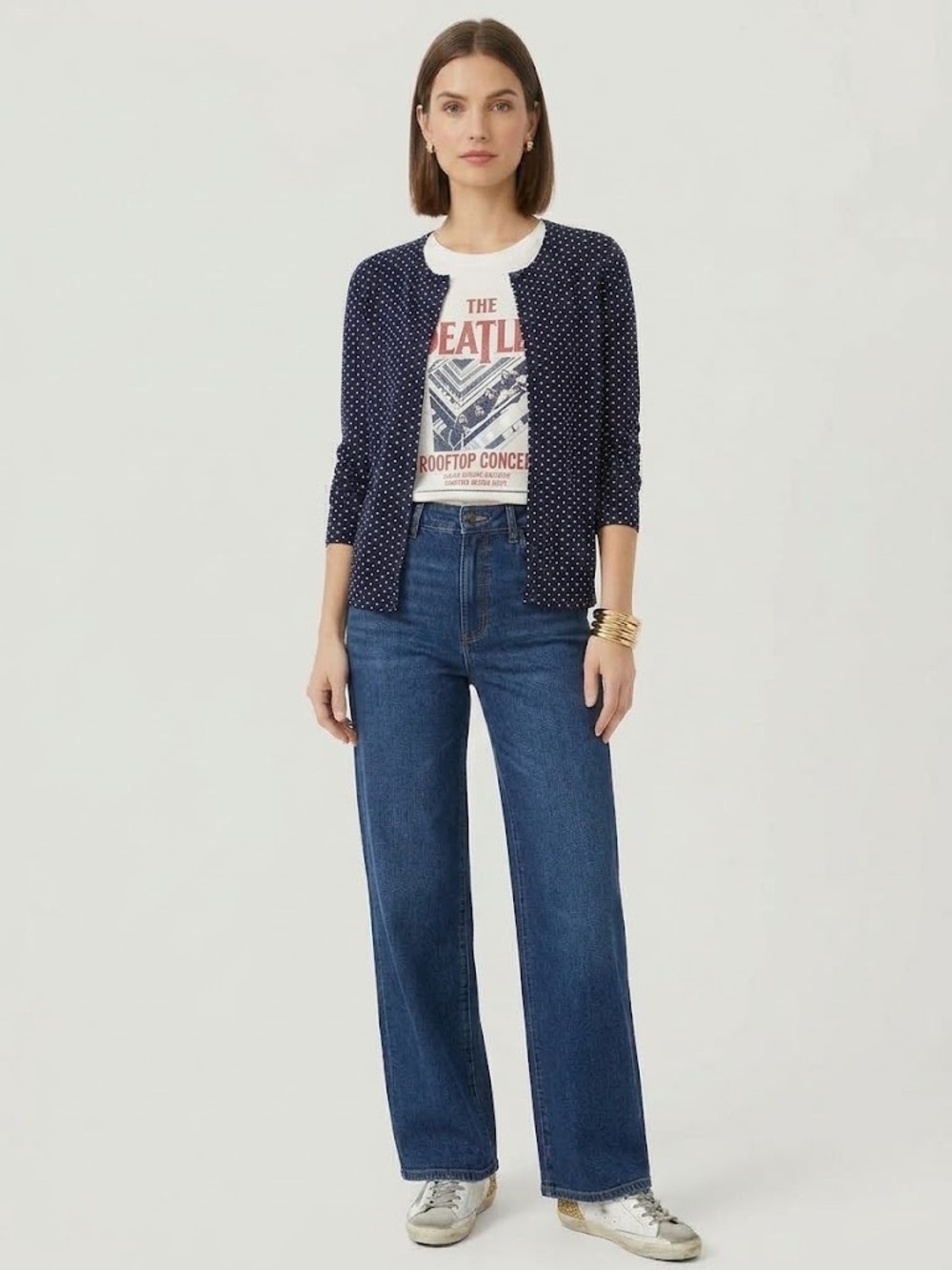 LOFT Navy Blue White Polka Dot Button-Front Cardigan – Size M